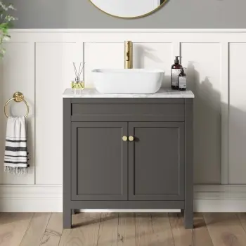 Bermuda Graphite Grey Vanity Marble Top & Curved Counter Top Basin 800mm - Brushed Brass Accents