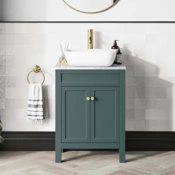 Bermuda Midnight Green Vanity Marble Top & Curved Counter Top Basin 600mm - Brushed Brass Accents
