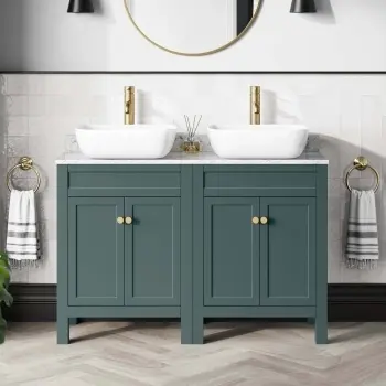 Bermuda Midnight Green Vanity Marble Top & Curved Counter Top Basin 1200mm - Brushed Brass Accents