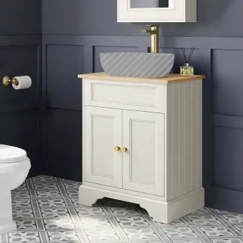 Lucia Chalk White Cabinet with Oak Effect Top 640mm (Excludes Counter Top Basin) - Brass Accents