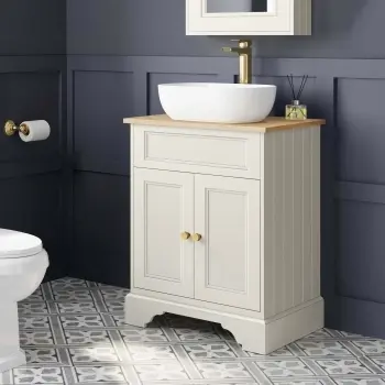 Lucia Chalk White Vanity with Oak Effect Top & Curved Counter Top Basin 640mm - Brass Accents