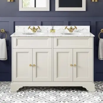 Lucia Chalk White Double Vanity with Marble Top & Undermount Basins 1200mm - Brushed Brass Accents
