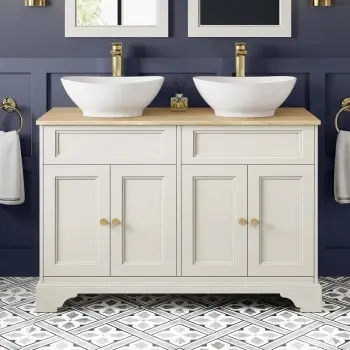 Lucia Chalk White Double Vanity with Oak Effect Top & Oval Counter Top Basin 1200mm Brass Accents