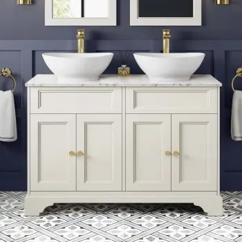 Lucia Chalk White Double Vanity with Marble Top & Oval Counter Top Basin 1200mm - Brass Accents