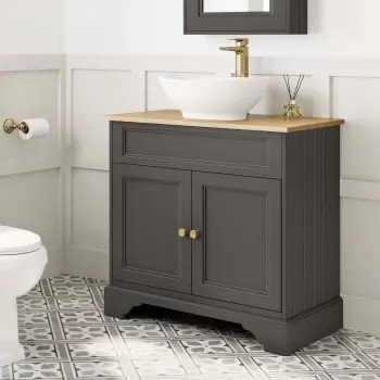 Lucia Graphite Grey Vanity with Oak Effect Top & Oval Counter Top Basin 840mm - Brass Accents