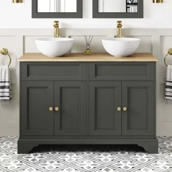 Lucia Graphite Grey Double Vanity Oak Effect Top & Round Counter Top Basin 1200mm - Brass Accents