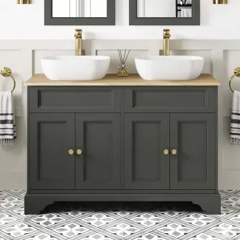 Lucia Graphite Grey Double Vanity Oak Effect Top & Curved Counter Top Basin 1200mm - Brass Accents