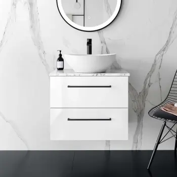 Elba Gloss White Wall Hung Drawer Vanity Marble Top & Oval Counter Top Basin 600mm - Black Accents