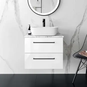 Elba Gloss White Wall Hung Vanity Marble Top & Curved Counter Top Basin 600mm - Black Accents