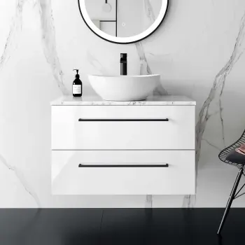 Elba Gloss White Wall Hung Drawer Vanity Marble Top & Oval Counter Top Basin 800mm - Black Accents
