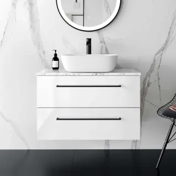 Elba Gloss White Wall Hung Vanity Marble Top & Curved Counter Top Basin 800mm - Black Accents