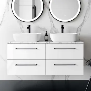Elba Gloss White Double Wall Hung Drawer Vanity Marble Top & Curved Basin 1200mm - Black Accents