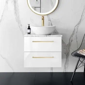 Elba Gloss White Wall Hung Vanity Marble Top & Oval Counter Top Basin 600mm - Brushed Brass Accents
