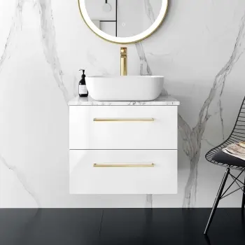 Elba Gloss White Wall Hung Vanity Marble Top & Curved Counter Top Basin 600mm - Brass Accents