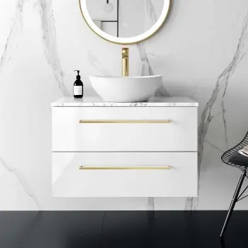 Elba Gloss White Wall Hung Vanity Marble Top & Oval Counter Top Basin 800mm - Brushed Brass Accents