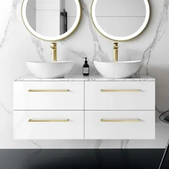Elba Gloss White Double Wall Hung Vanity Marble Top & Oval Basin 1200mm - Brushed Brass Accents