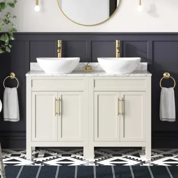 Bermuda Chalk White Vanity with Marble Top & Oval Counter Top Basin 1200mm - Brass Knurled Handles