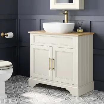 Lucia Chalk White Vanity with Oak Effect Top & Curved Counter Top Basin 840mm - Knurled Handles