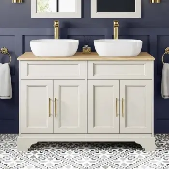 Lucia Chalk White Double Vanity Oak Effect Top & Curved Counter Top Basin 1200mm - Knurled Handles