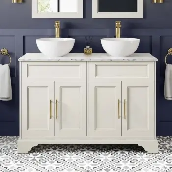 Lucia Chalk White Double Vanity with Marble Top & Round Counter Top Basin 1200mm - Knurled Handles