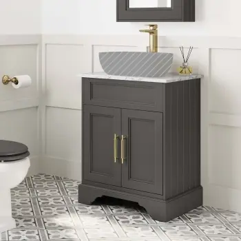 Lucia Graphite Grey Cabinet with Marble Top 640mm (Excludes Counter Top Basin) - Knurled Handles
