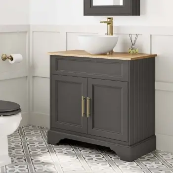 Lucia Graphite Grey Vanity with Oak Effect Top & Round Counter Top Basin 840mm - Knurled Handles