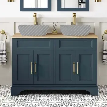 Lucia Inky Blue Cabinet with Oak Effect Top 1200mm (Excludes Counter Top Basins) - Knurled Handles
