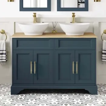 Lucia Inky Blue Double Vanity with Oak Effect Top & Oval Counter Top Basin 1200mm - Knurled Handles