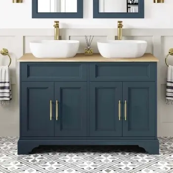 Lucia Inky Blue Double Vanity Oak Effect Top & Curved Counter Top Basin 1200mm - Knurled Handles
