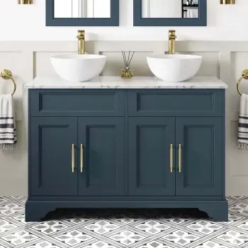 Lucia Inky Blue Double Vanity with Marble Top & Round Counter Top Basin 1200mm - Knurled Handles