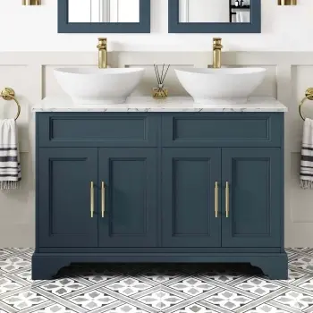 Lucia Inky Blue Double Vanity with Marble Top & Oval Counter Top Basin 1200mm - Knurled Handles