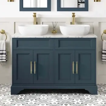 Lucia Inky Blue Double Vanity with Marble Top & Curved Counter Top Basin 1200mm - Knurled Handles