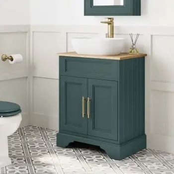Lucia Midnight Green Vanity with Oak Effect Top & Curved Counter Top Basin 640mm - Knurled Handles