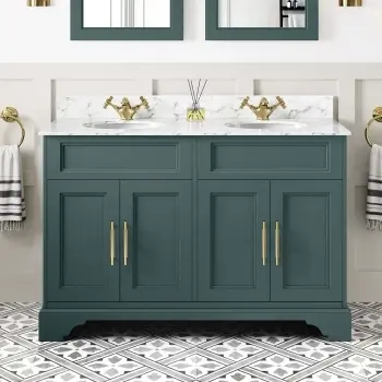 Lucia Midnight Green Double Vanity with Marble Top & Undermount Basins 1200mm - Knurled Handles