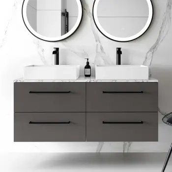 Elba Graphite Grey Double Wall Hung Drawer Vanity Marble Top & Cody Basin 1200mm - Black Accents