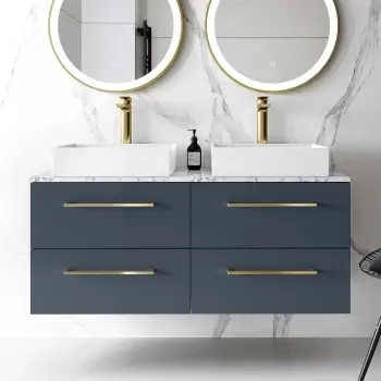 Elba Inky Blue Double Wall Hung Vanity Marble Top & Cody Basin 1200mm - Brushed Brass Accents