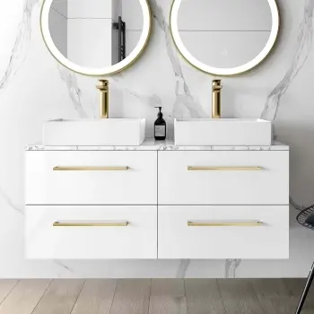 Elba Gloss White Double Wall Hung Vanity Marble Top & Cody Basin 1200mm - Brushed Brass Accents