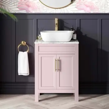 Bermuda Cashmere Pink Vanity Marble Top & Curved Counter Top Basin 600mm - Brass Knurled Handles