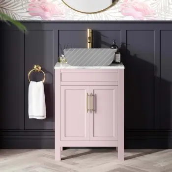 Bermuda Cashmere Pink Cabinet with Marble Top 600mm (Excludes Basin) - Brass Knurled Handles