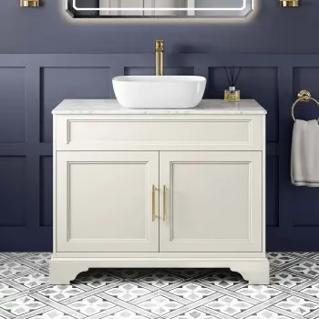 Lucia Chalk White Vanity with Marble Top & Curved Counter Top Basin 1030mm - Brass Knurled Handles