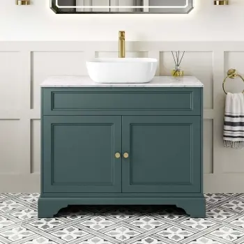 Lucia Midnight Green Vanity with Marble Top & Curved Counter Top Basin 1030mm - Brass Accents