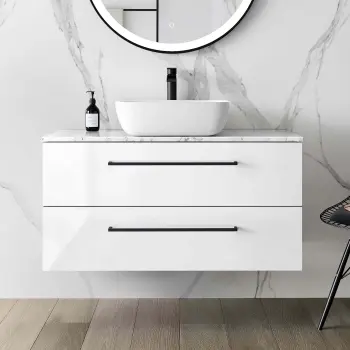 Elba Gloss White Wall Hung Vanity Marble Top & Curved Counter Top Basin 1000mm - Black Accents