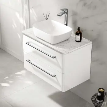 Omaha Gloss White Wall Hung Drawer Vanity with Marble Top & Curved Counter Top Basin 800mm