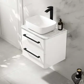 Omaha Gloss White Wall Hung Vanity Marble Top & Curved Counter Top Basin 600mm - Black Accents