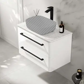 Omaha Gloss White Wall Hung Drawer Vanity Marble Top 800mm (No Basin) - Black Accents