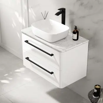 Omaha Gloss White Wall Hung Vanity Marble Top & Curved Counter Top Basin 800mm - Black Accents