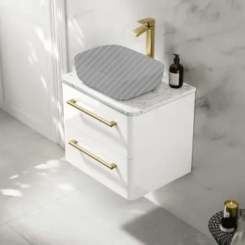 Omaha Gloss White Wall Hung Drawer Vanity Marble Top 600mm (No Basin) - Brushed Brass Accents