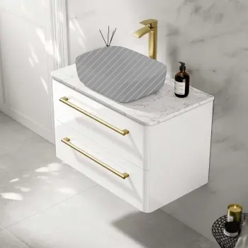 Omaha Gloss White Wall Hung Drawer Vanity Marble Top 800mm (No Basin) - Brushed Brass Accents