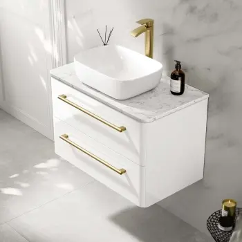 Omaha Gloss White Wall Hung Vanity Marble Top & Curved Counter Top Basin 800mm - Brass Accents
