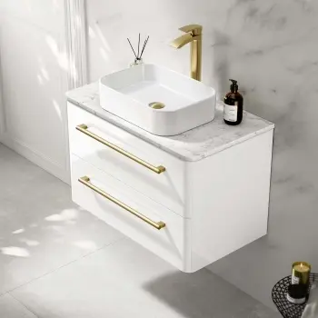 Omaha Gloss White Wall Hung Drawer Vanity Marble Top & Marin Basin 800mm - Brushed Brass Accents